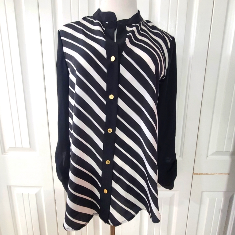 ANNE KLEIN - Black and White Striped Button-Up Blouse